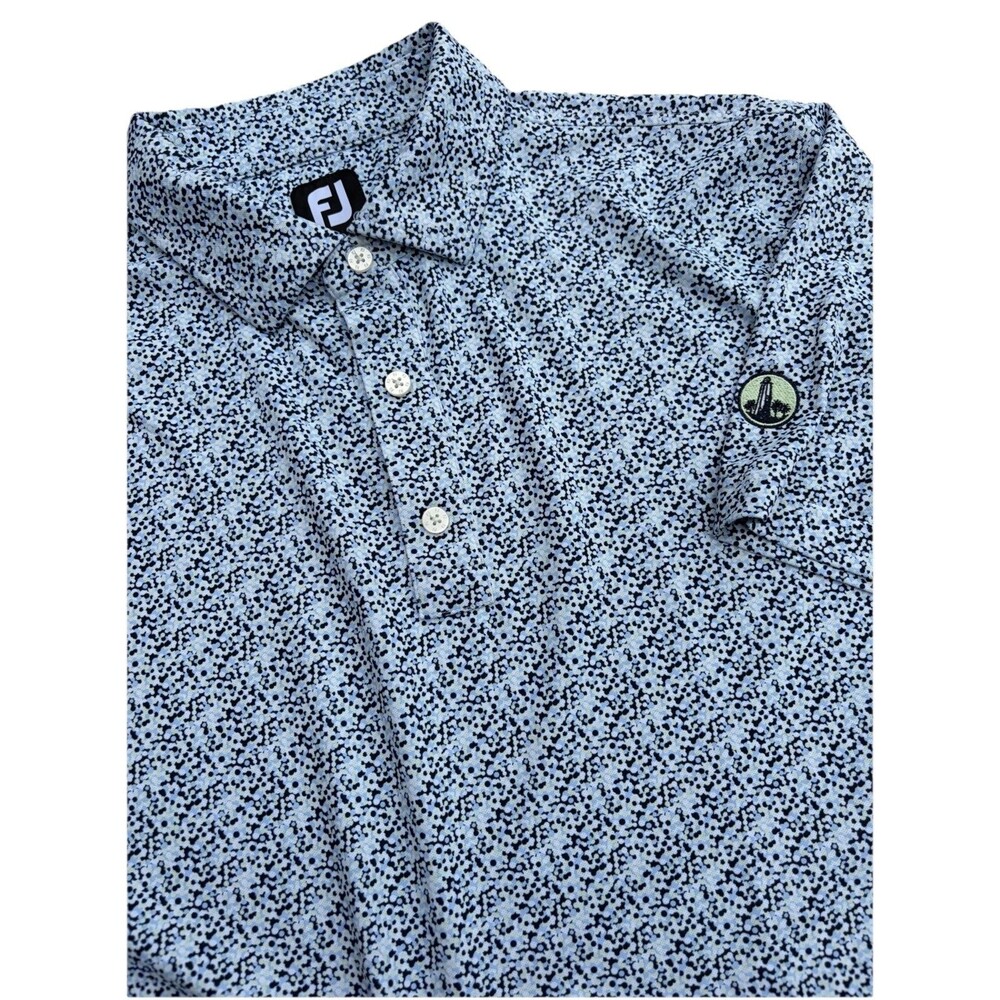 FootJoy FJ Pique Confetti AOP Print Golf Polo Shirt Blue White With Sleeve Logo